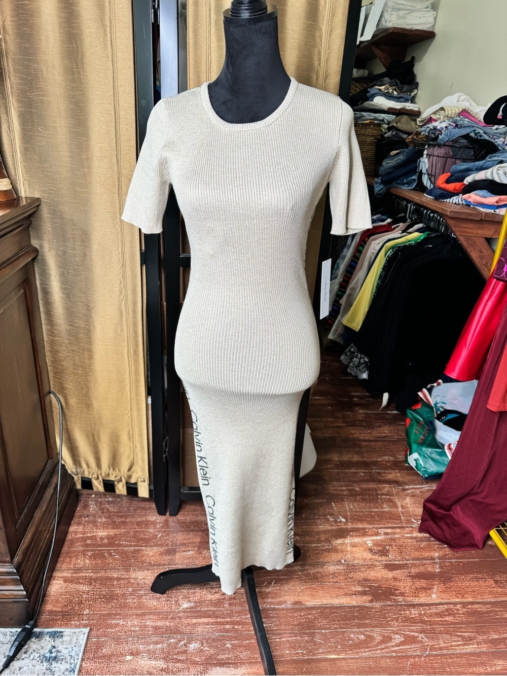 Calvin Klein Ribbed Knit Midi Dress Beige Logo Side Panels Bodycon Short Sleeve - Picture 10 of 10